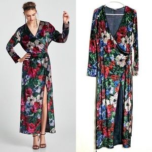 ZARA velvet v-neck kimono multicolor floral robe wrap maxi dress, size L